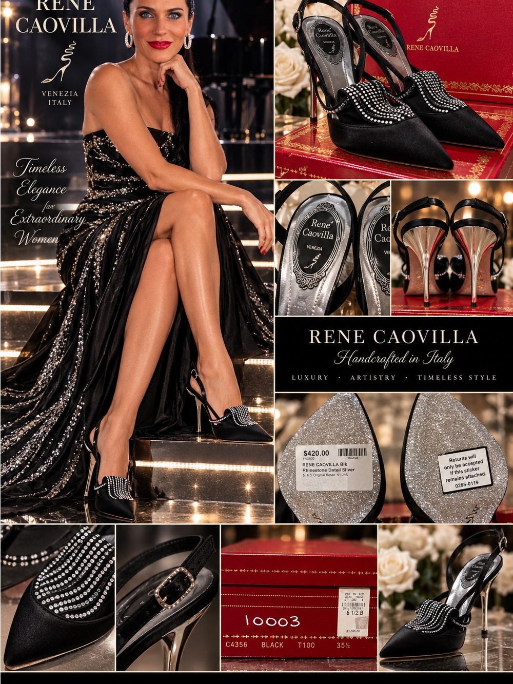Rene Caovilla rare black satin crystal rhinestone slingback heels 6.5